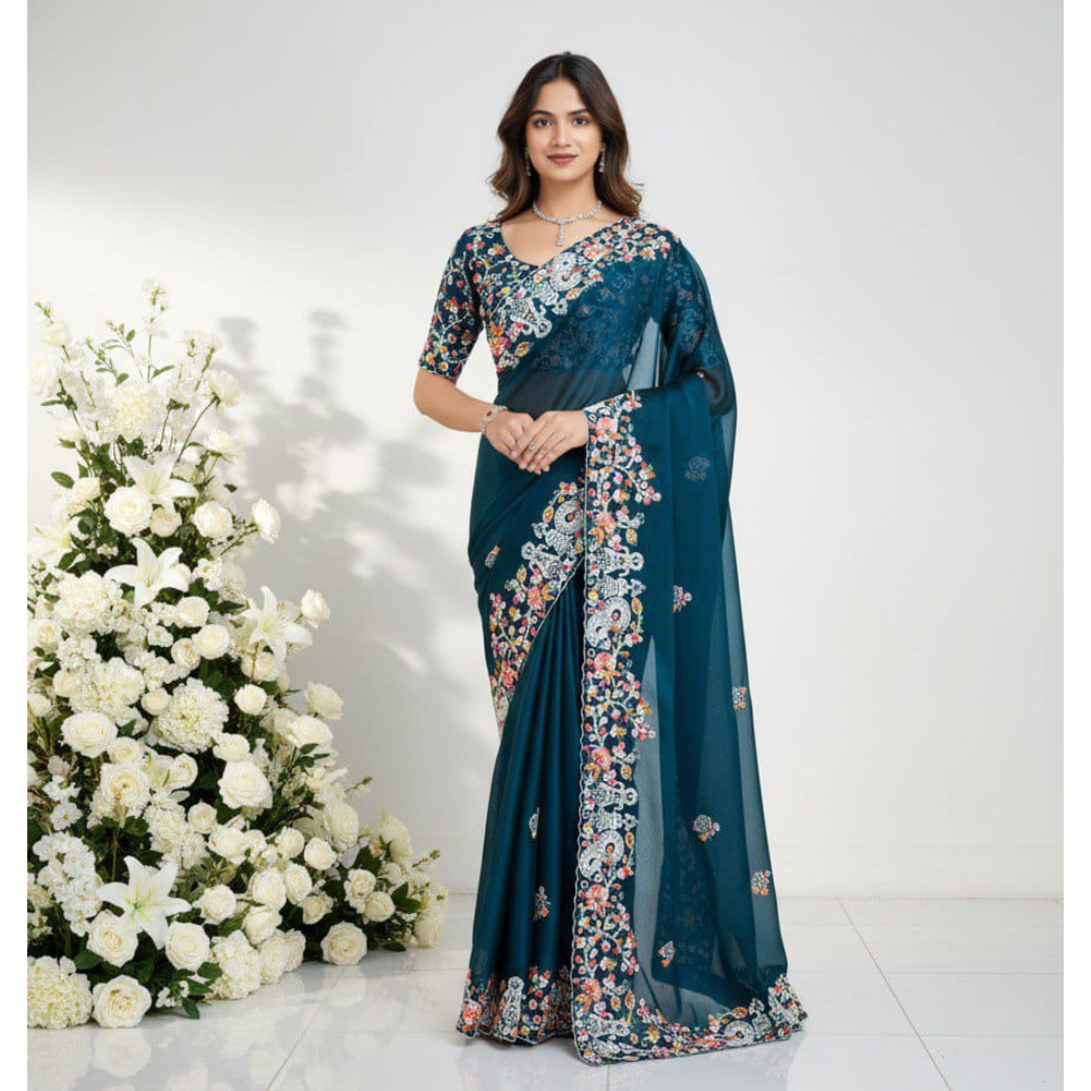 Womens Party Wear Silk Saree with Embroidery Work with Unstitched BP, Weeding Wear saree ( Pack of 1 )