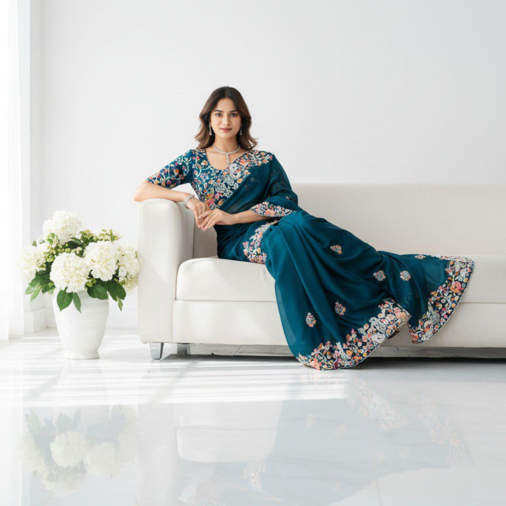 Womens Party Wear Silk Saree with Embroidery Work with Unstitched BP, Weeding Wear saree ( Pack of 1 )