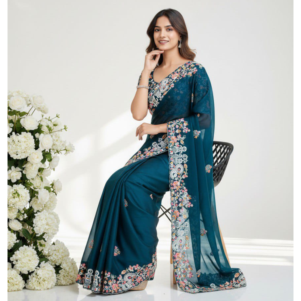 Womens Party Wear Silk Saree with Embroidery Work with Unstitched BP, Weeding Wear saree ( Pack of 1 )