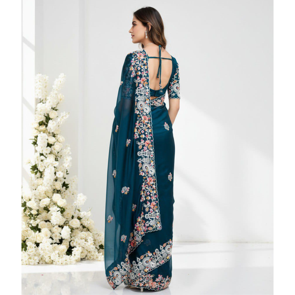 Womens Party Wear Silk Saree with Embroidery Work with Unstitched BP, Weeding Wear saree ( Pack of 1 )