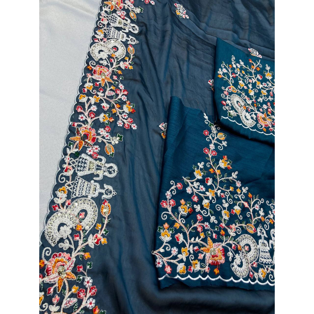 Womens Party Wear Silk Saree with Embroidery Work with Unstitched BP, Weeding Wear saree ( Pack of 1 )