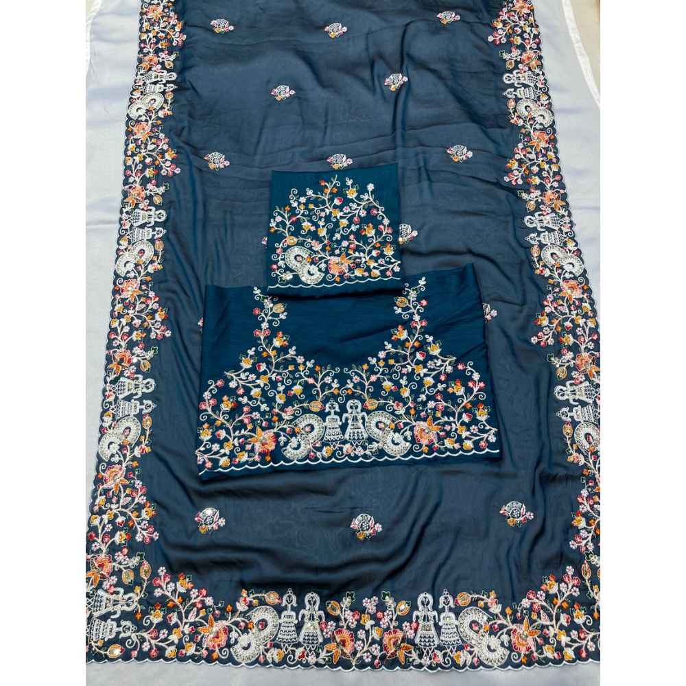 Womens Party Wear Silk Saree with Embroidery Work with Unstitched BP, Weeding Wear saree ( Pack of 1 )