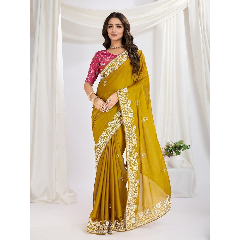 Womens Party Wear Silk Saree with Embroidery Work with Unstitched BP, Weeding Wear saree ( Pack of 1 )