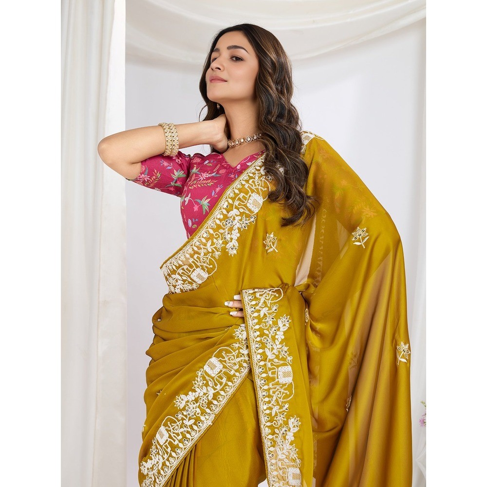 Womens Party Wear Silk Saree with Embroidery Work with Unstitched BP, Weeding Wear saree ( Pack of 1 )