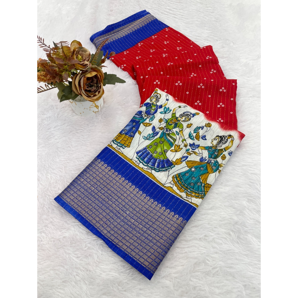 Women's Dola Doby Kalamkari Print Silk Saree with Unstitched BP (Pack of 1)