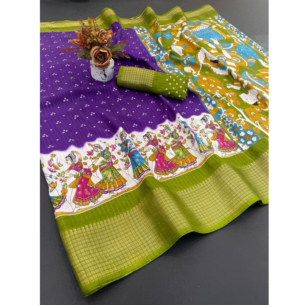 Women's Dola Doby Kalamkari Print Silk Saree with Unstitched BP (Pack of 1)