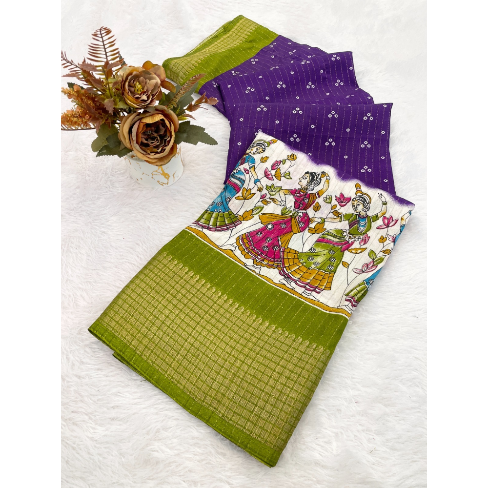 Women's Dola Doby Kalamkari Print Silk Saree with Unstitched BP (Pack of 1)