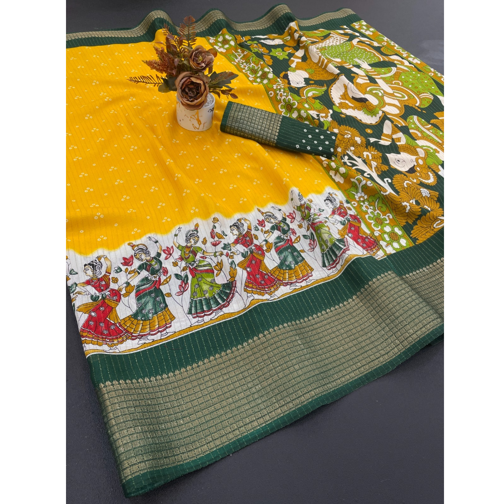 Women's Dola Doby Kalamkari Print Silk Saree with Unstitched BP (Pack of 1)
