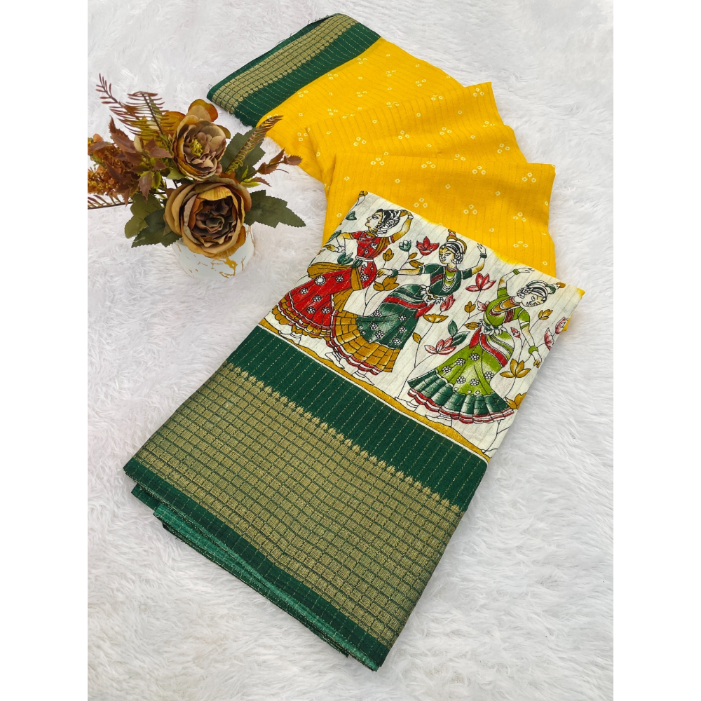 Women's Dola Doby Kalamkari Print Silk Saree with Unstitched BP (Pack of 1)