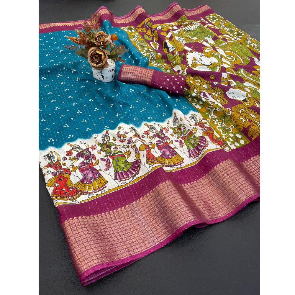 Women's Dola Doby Kalamkari Print Silk Saree with Unstitched BP (Pack of 1)