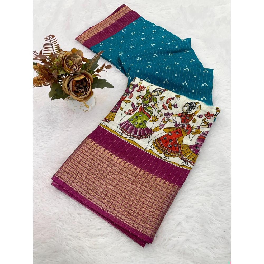 Women's Dola Doby Kalamkari Print Silk Saree with Unstitched BP (Pack of 1)