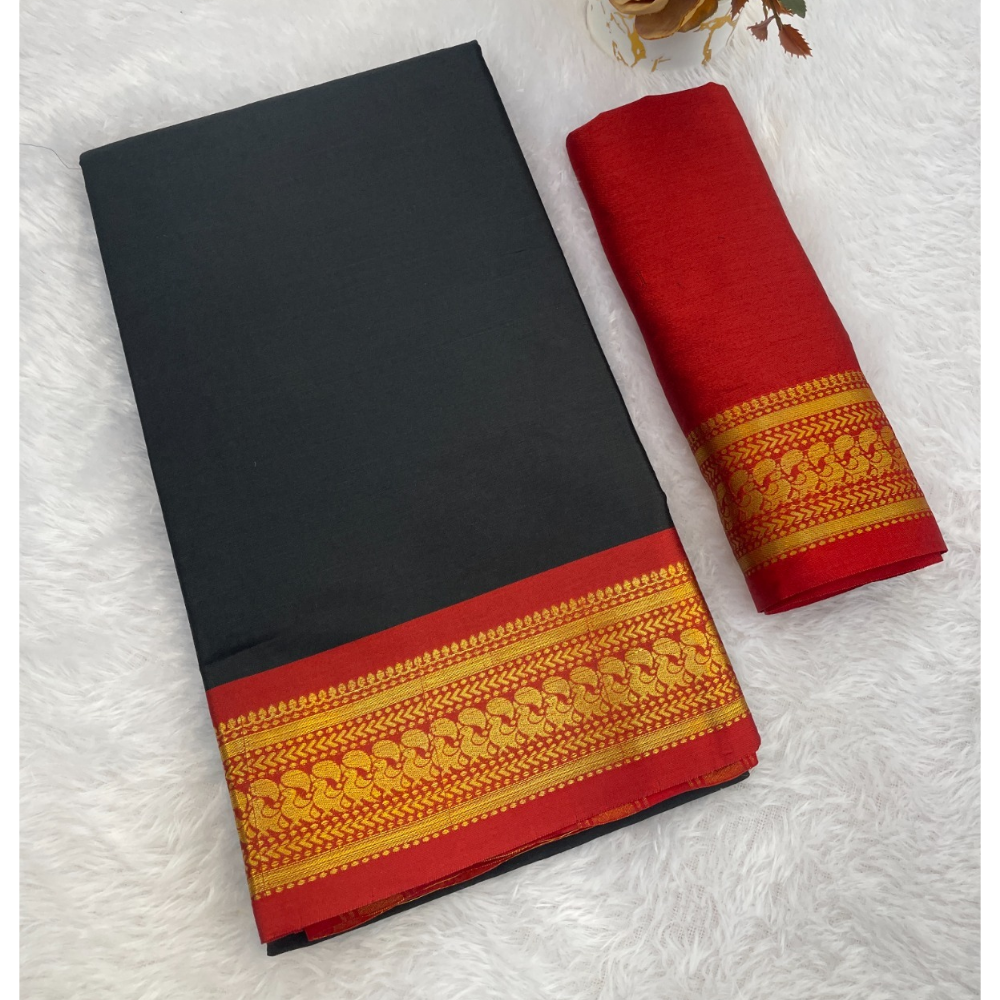 Women's Cotton Blend Aura Cotton Blend Chitt Pallu Saree with Unstitched BP (Pack of 1)