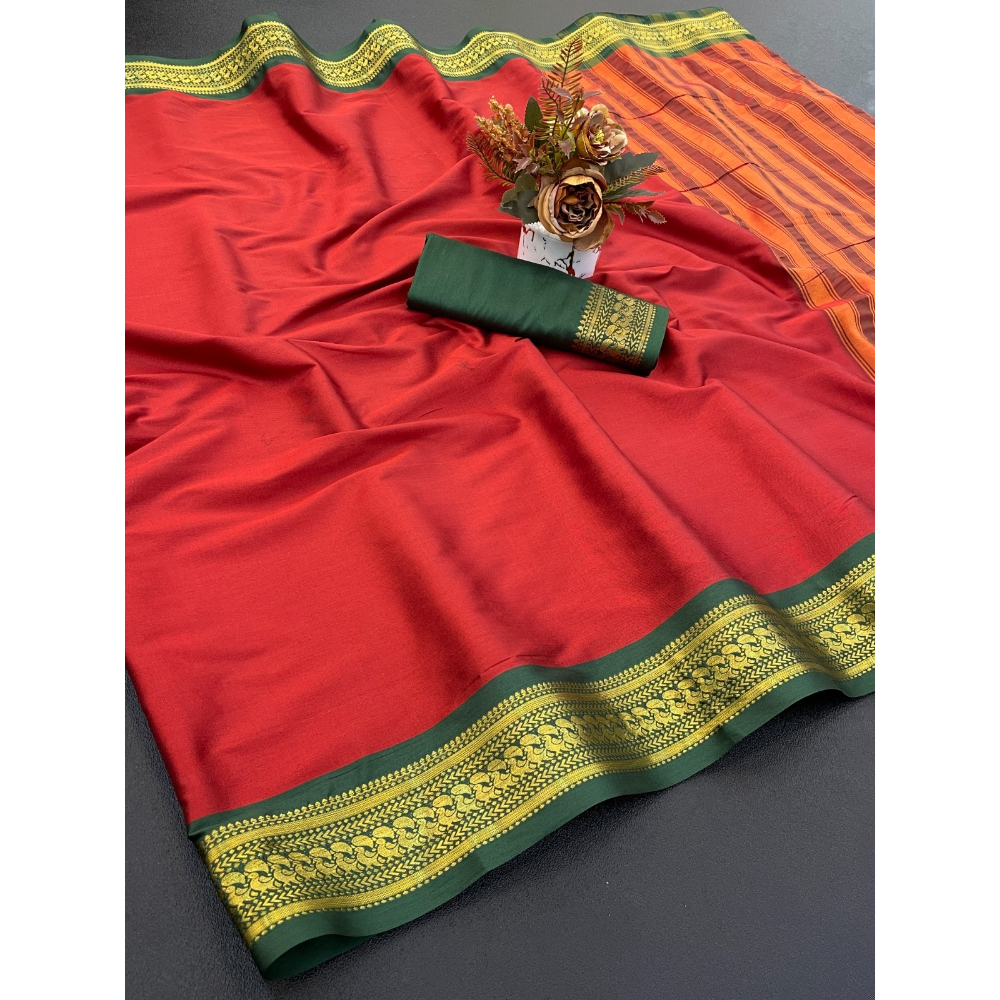Women's Cotton Blend Aura Cotton Blend Chitt Pallu Saree with Unstitched BP (Pack of 1)