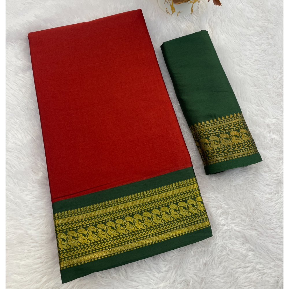 Women's Cotton Blend Aura Cotton Blend Chitt Pallu Saree with Unstitched BP (Pack of 1)