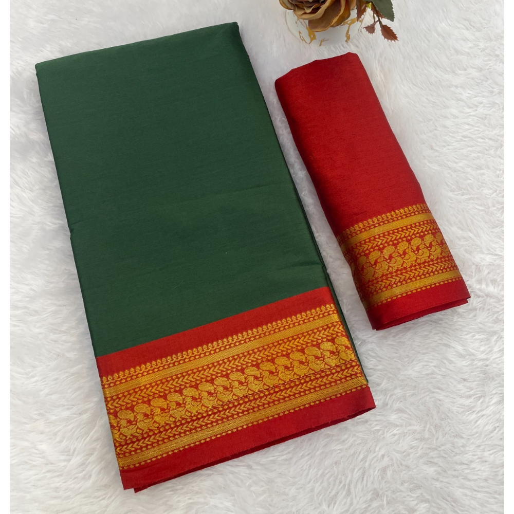 Women's Cotton Blend Aura Cotton Blend Chitt Pallu Saree with Unstitched BP (Pack of 1)