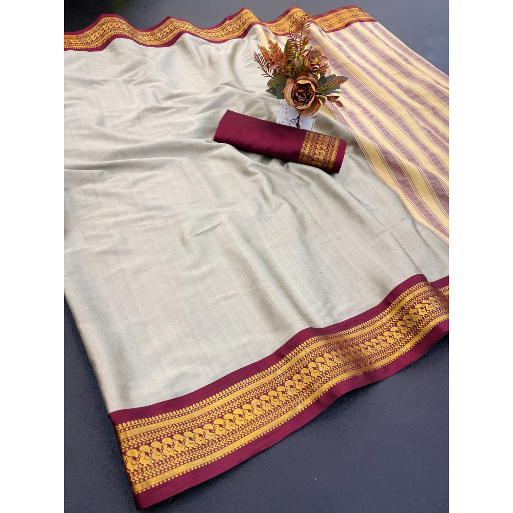 Women's Cotton Blend Aura Cotton Blend Chitt Pallu Saree with Unstitched BP (Pack of 1)