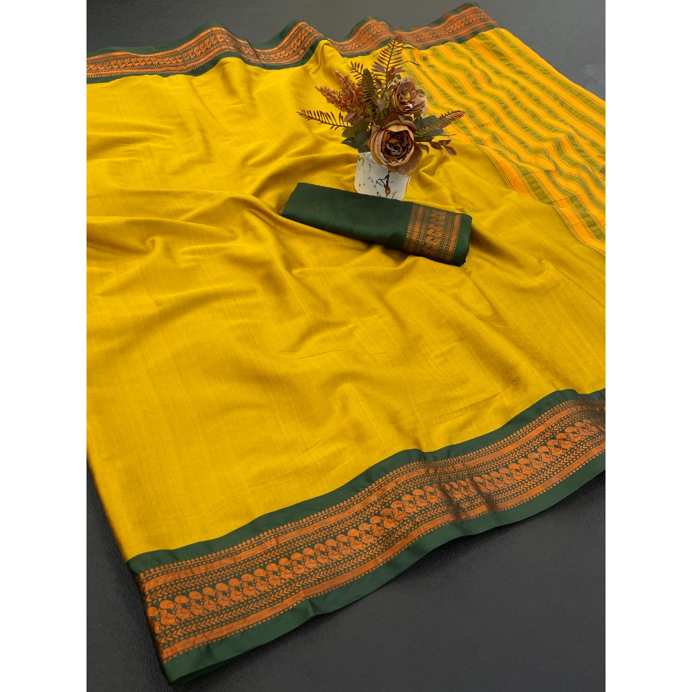 Women's Cotton Blend Aura Cotton Blend Chitt Pallu Saree with Unstitched BP (Pack of 1)