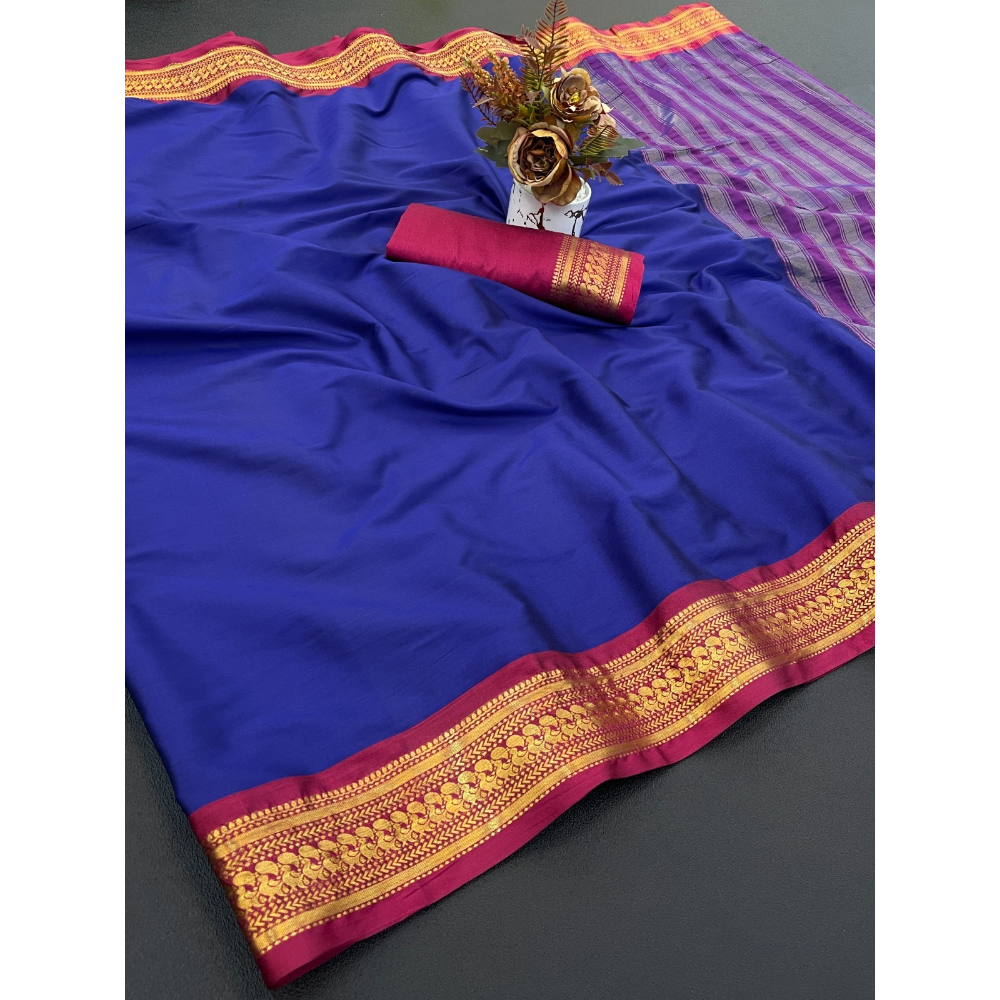 Women's Cotton Blend Aura Cotton Blend Chitt Pallu Saree with Unstitched BP (Pack of 1)