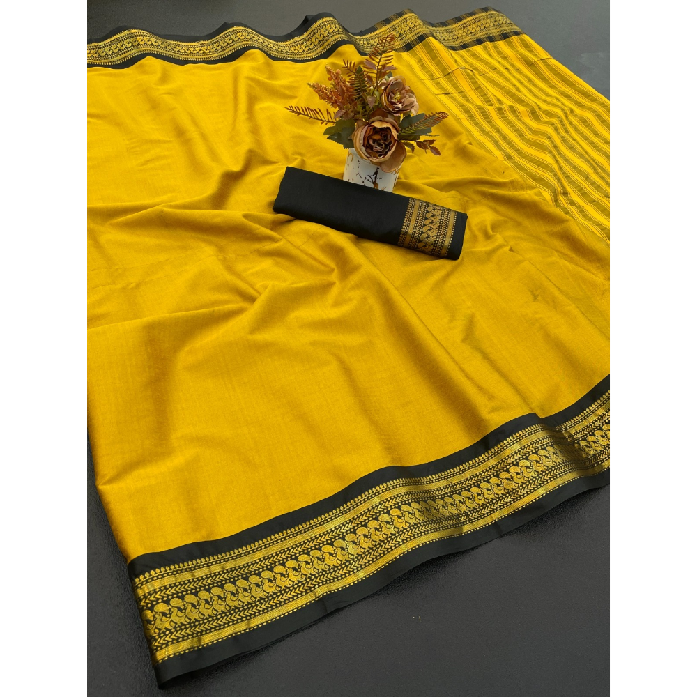 Women's Cotton Blend Aura Cotton Blend Chitt Pallu Saree with Unstitched BP (Pack of 1)