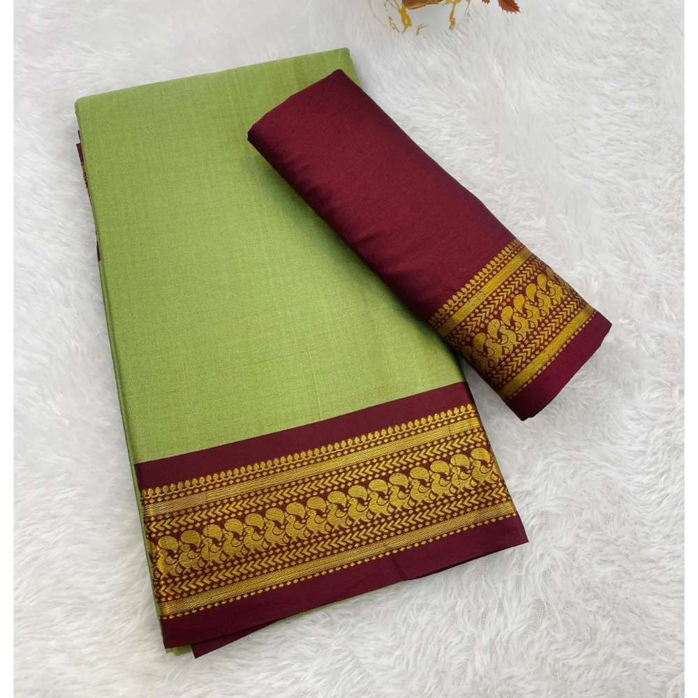 Women's Cotton Blend Aura Cotton Blend Chitt Pallu Saree with Unstitched BP (Pack of 1)