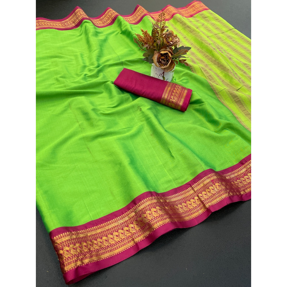 Women's Cotton Blend Aura Cotton Blend Chitt Pallu Saree with Unstitched BP (Pack of 1)