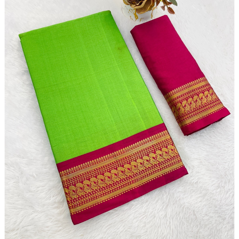 Women's Cotton Blend Aura Cotton Blend Chitt Pallu Saree with Unstitched BP (Pack of 1)