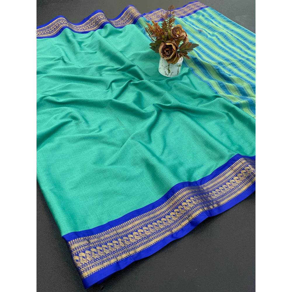 Women's Cotton Blend Aura Cotton Blend Chitt Pallu Saree with Unstitched BP (Pack of 1)