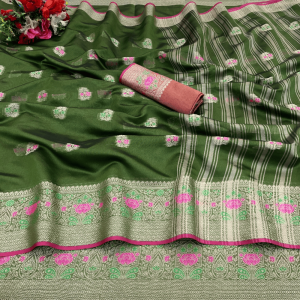 Women's Organza Designer Border Mina Butti Saree with Unstitched BP (Pack of 1)