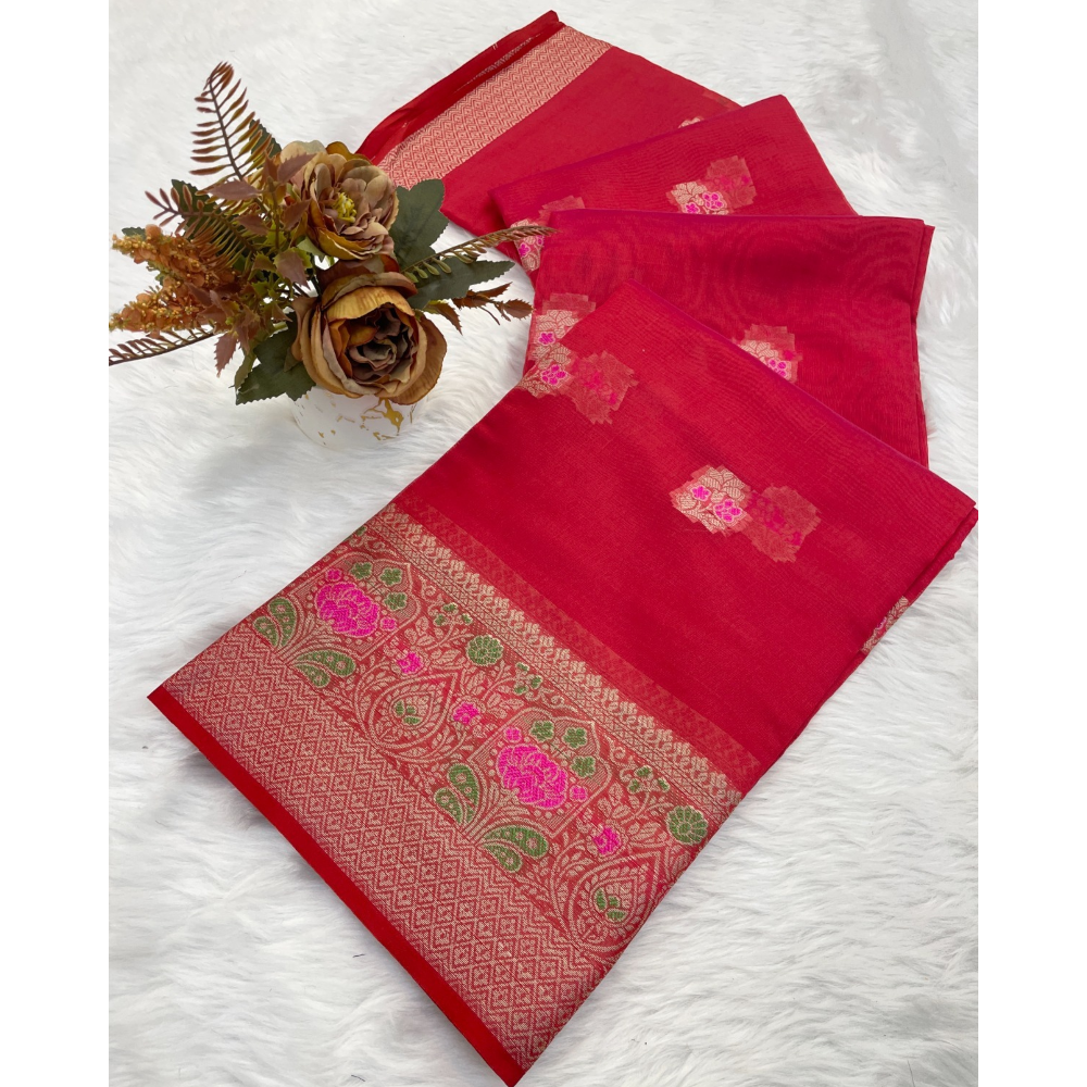 Women's Organza Designer Border Mina Butti Saree with Unstitched BP (Pack of 1)