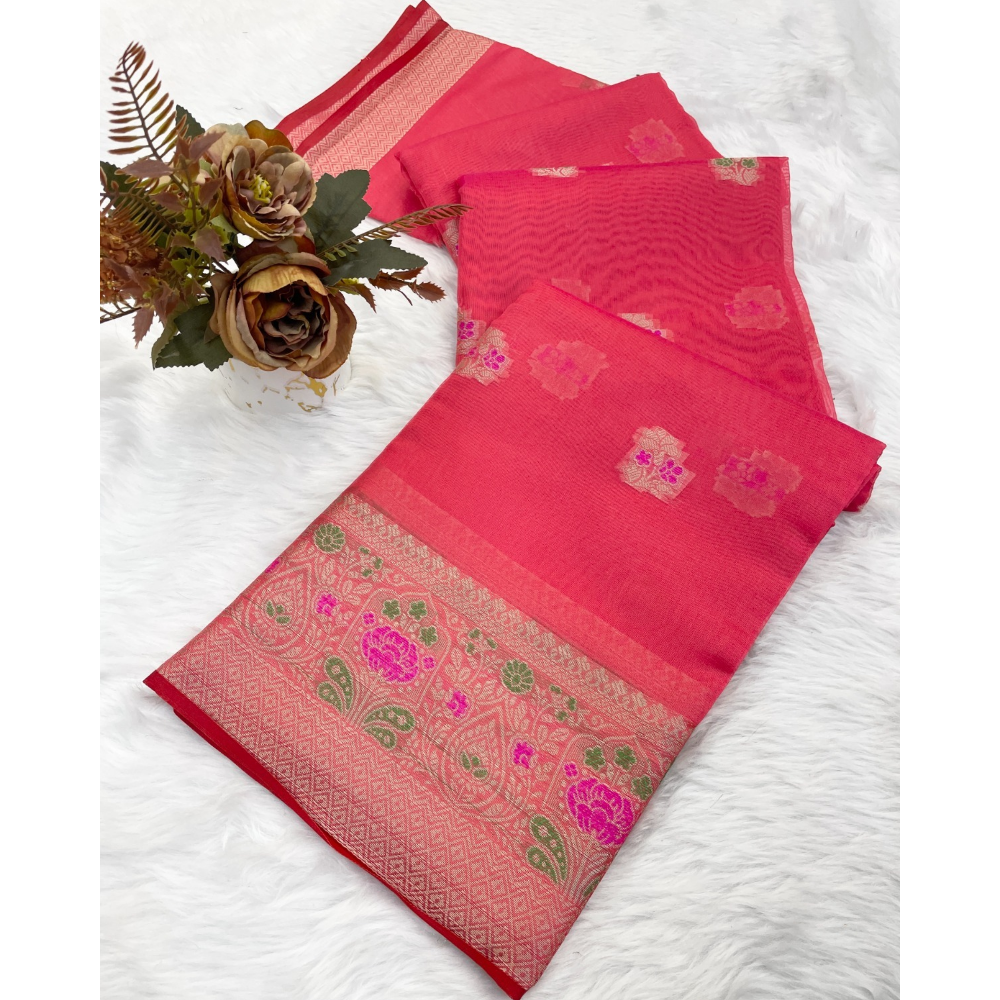 Women's Organza Designer Border Mina Butti Saree with Unstitched BP (Pack of 1)