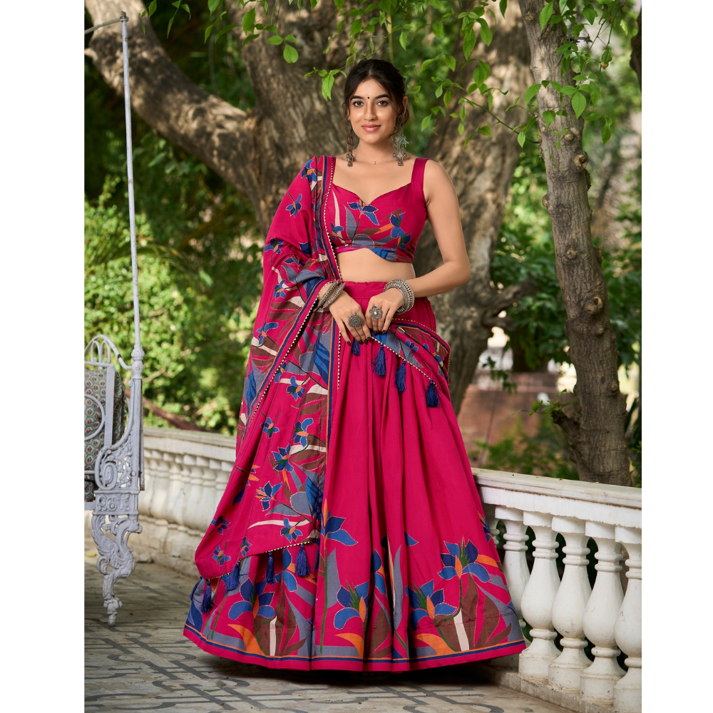 Tusser Silk Lehenga Choli with Intricate Print and Dupatta  Set (Pack of 1)