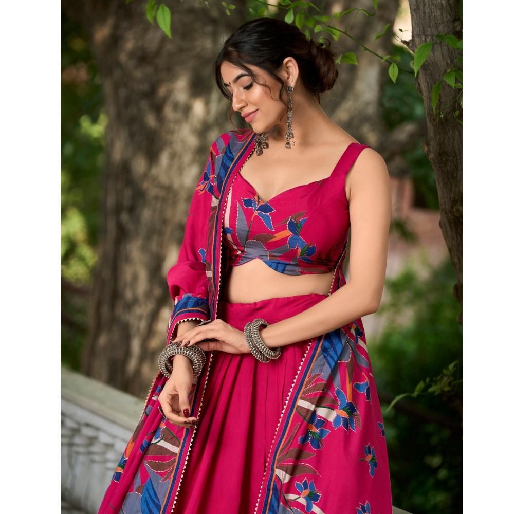 Tusser Silk Lehenga Choli with Intricate Print and Dupatta  Set (Pack of 1)