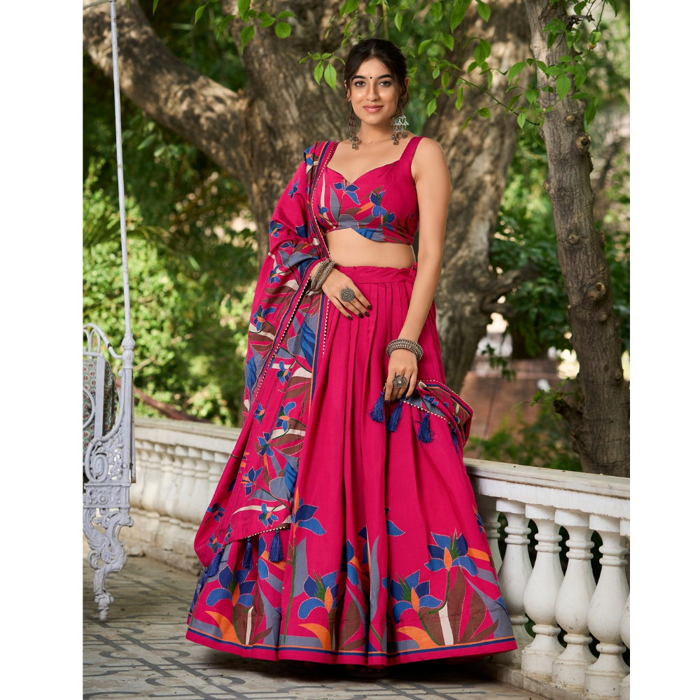 Tusser Silk Lehenga Choli with Intricate Print and Dupatta  Set (Pack of 1)