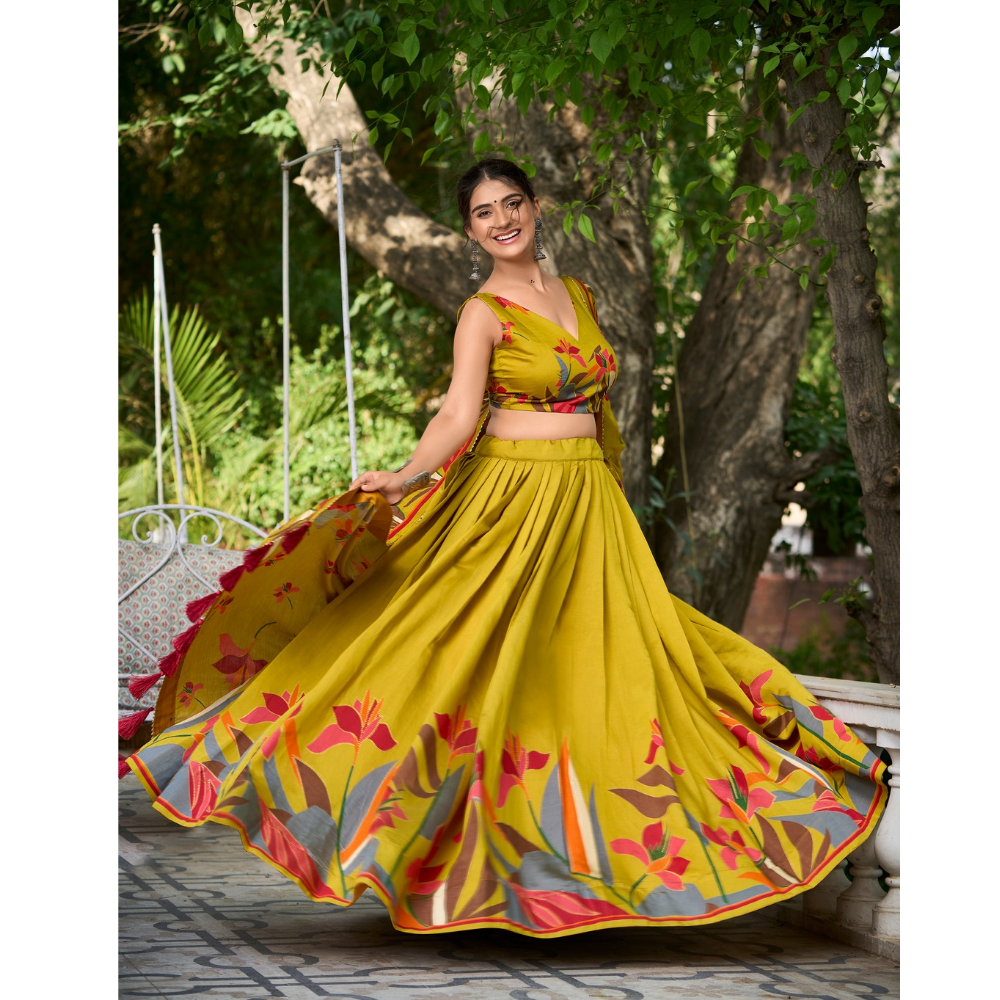 Tusser Silk Lehenga Choli with Intricate Print and Dupatta  Set (Pack of 1)