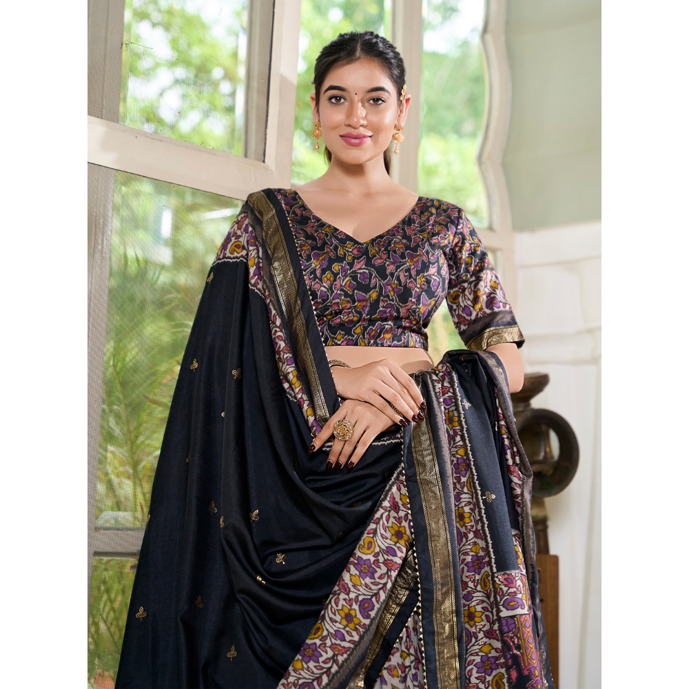 Premium Tusser Silk Lehenga Choli with Floral Print and Dupatta  Set (Pack of 1)
