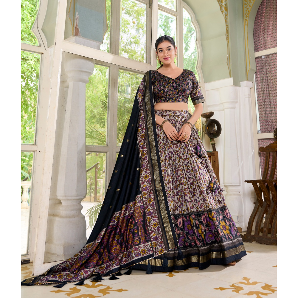 Premium Tusser Silk Lehenga Choli with Floral Print and Dupatta  Set (Pack of 1)