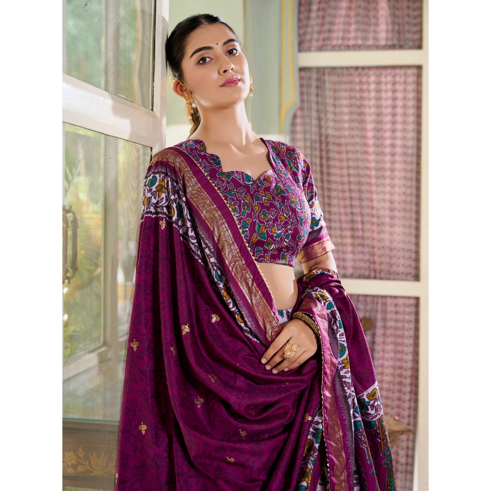 Premium Tusser Silk Lehenga Choli with Floral Print and Dupatta  Set (Pack of 1)