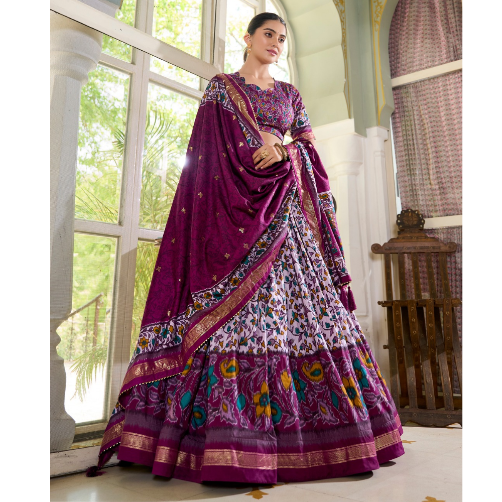 Premium Tusser Silk Lehenga Choli with Floral Print and Dupatta  Set (Pack of 1)