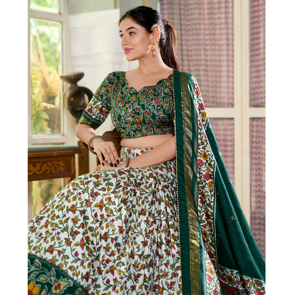 Premium Tusser Silk Lehenga Choli with Floral Print and Dupatta  Set (Pack of 1)