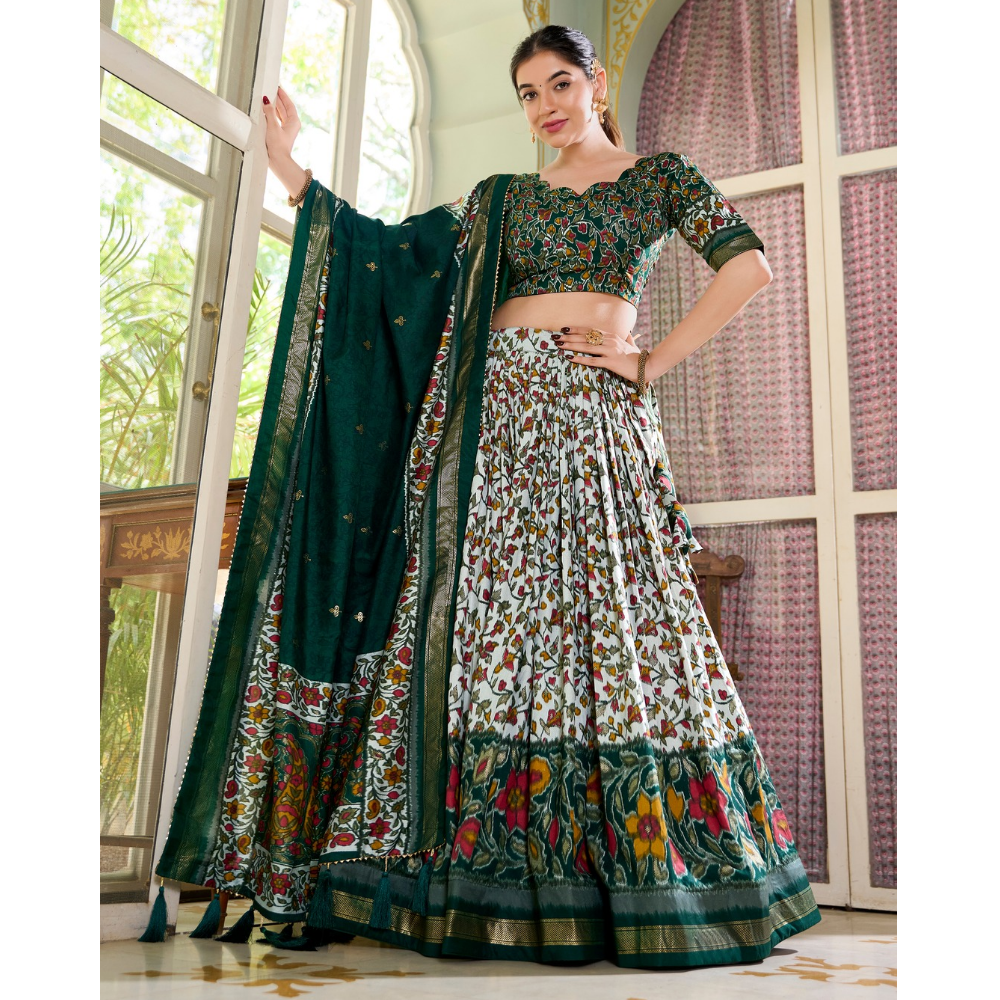 Premium Tusser Silk Lehenga Choli with Floral Print and Dupatta  Set (Pack of 1)