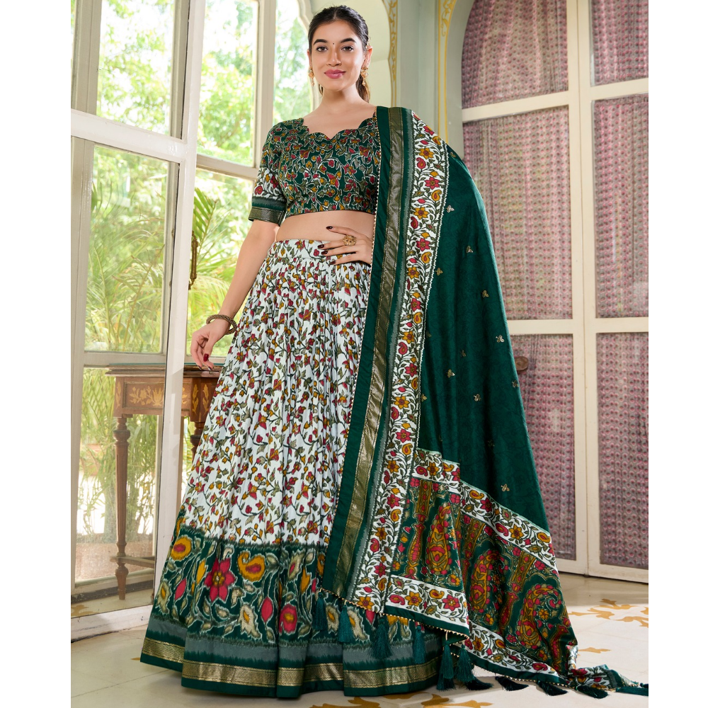 Premium Tusser Silk Lehenga Choli with Floral Print and Dupatta  Set (Pack of 1)