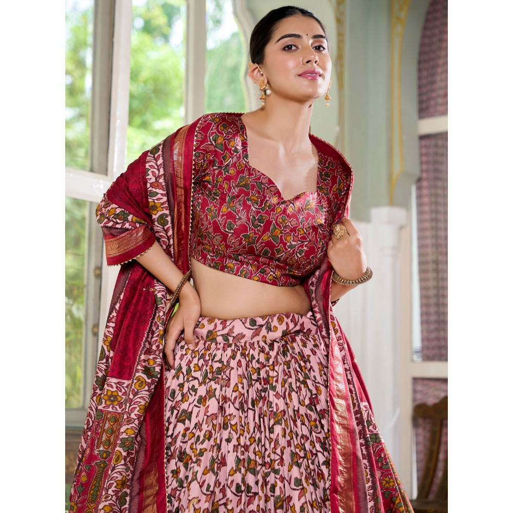 Premium Tusser Silk Lehenga Choli with Floral Print and Dupatta  Set (Pack of 1)