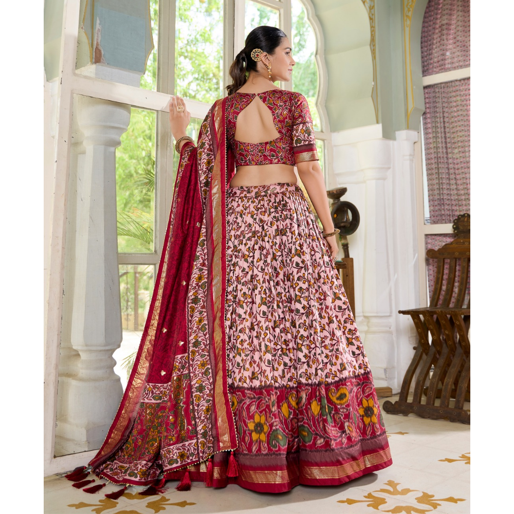 Premium Tusser Silk Lehenga Choli with Floral Print and Dupatta  Set (Pack of 1)