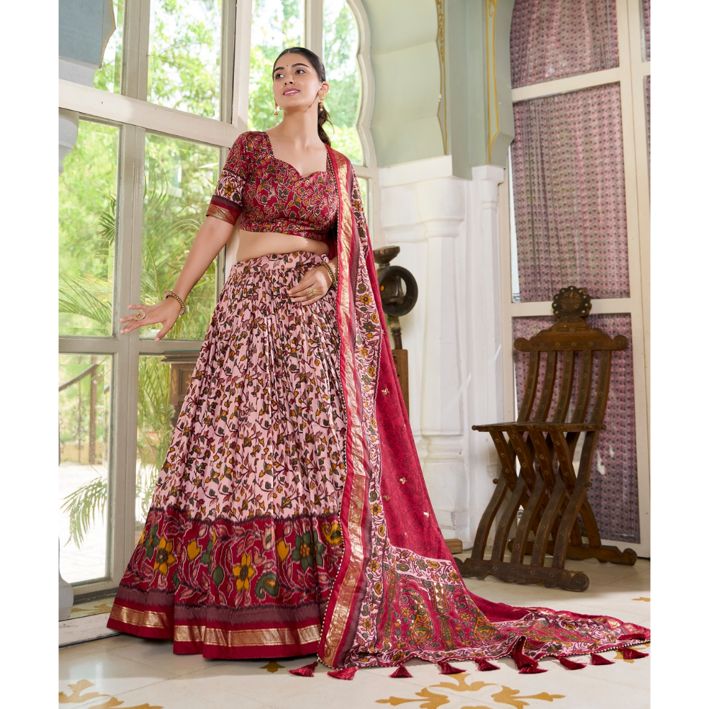 Premium Tusser Silk Lehenga Choli with Floral Print and Dupatta  Set (Pack of 1)