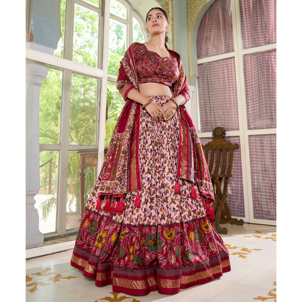 Premium Tusser Silk Lehenga Choli with Floral Print and Dupatta  Set (Pack of 1)