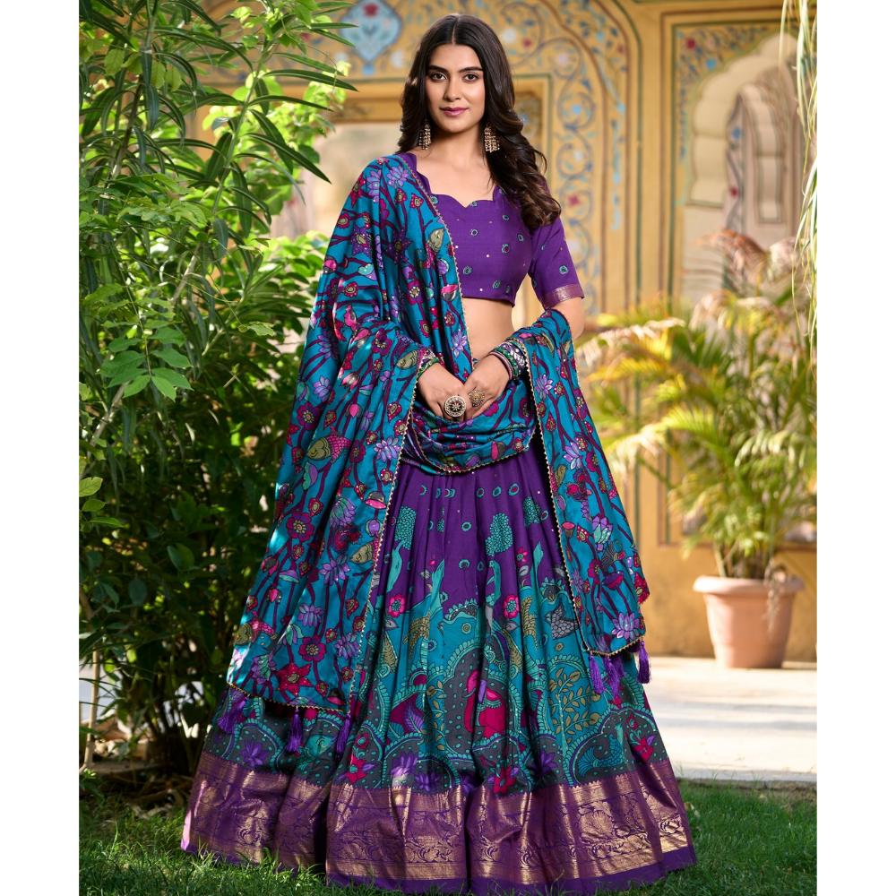 Tussar Silk Kalamkari Print Lehenga Choli Featuring a Sophisticated Foil Work Border for Women (Pack of 1)