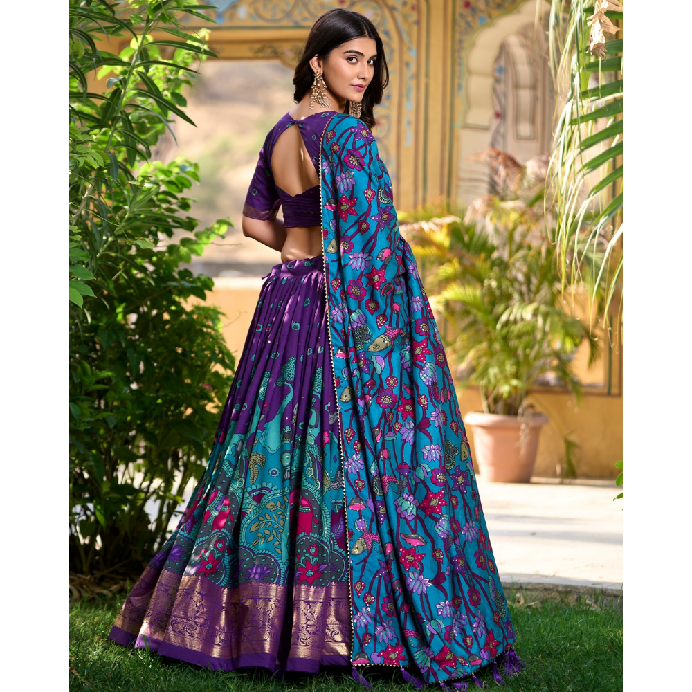 Tussar Silk Kalamkari Print Lehenga Choli Featuring a Sophisticated Foil Work Border for Women (Pack of 1)