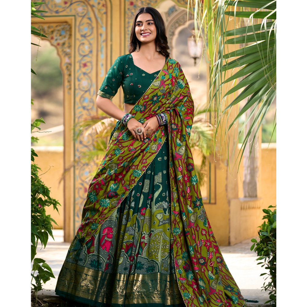 Tussar Silk Kalamkari Print Lehenga Choli Featuring a Sophisticated Foil Work Border for Women (Pack of 1)