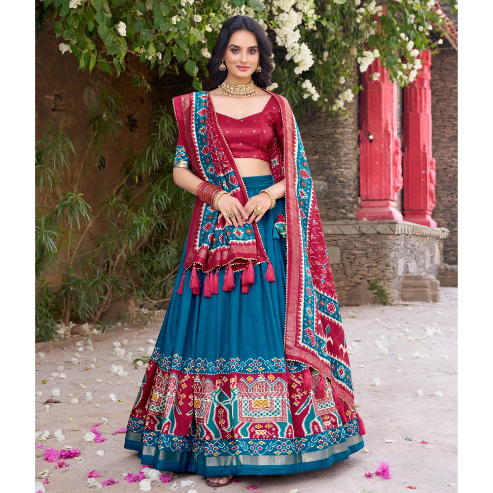 Tussar Silk Kalamkari Print Lehenga Choli with Dupatta Set for Women (Pack of 1)