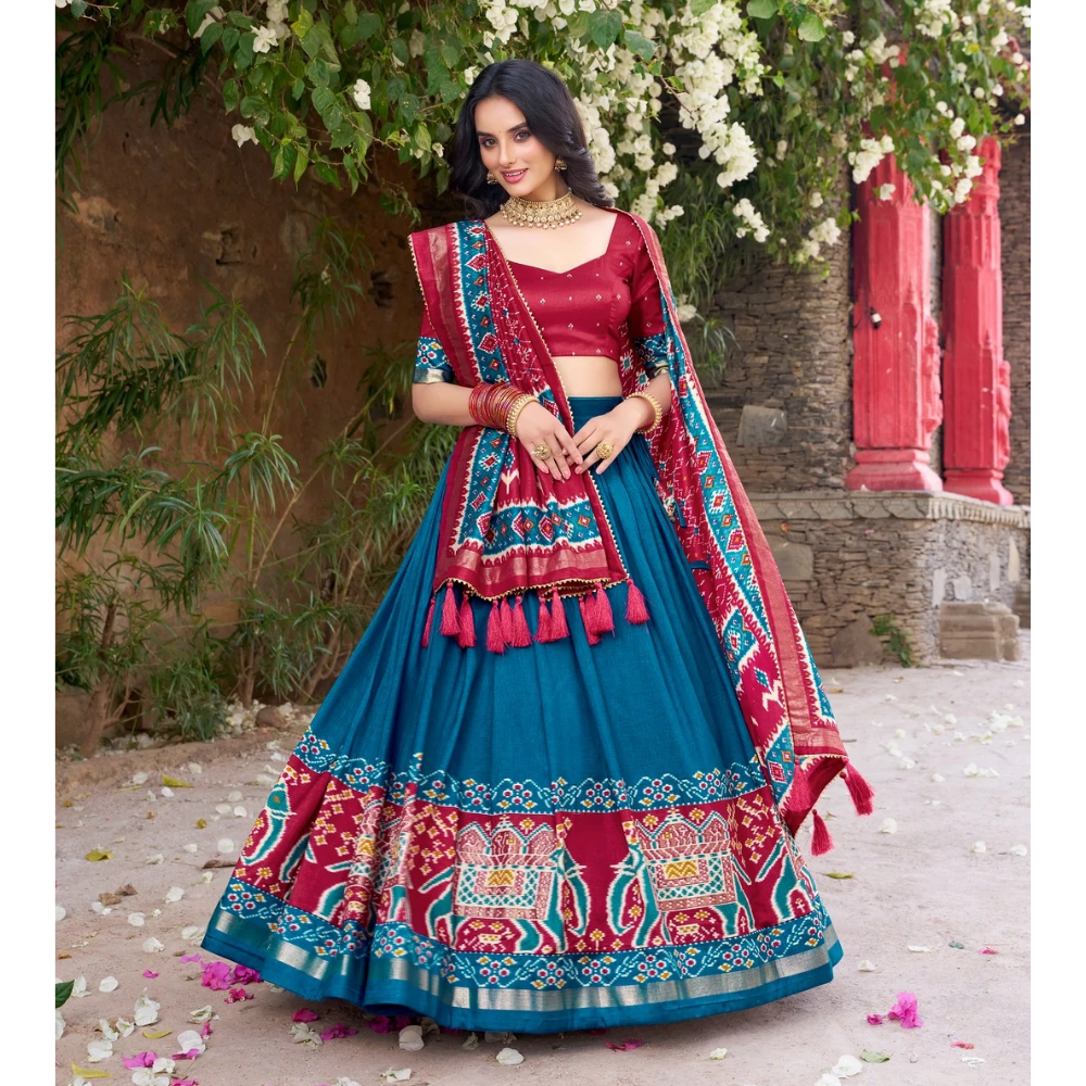 Tussar Silk Kalamkari Print Lehenga Choli with Dupatta Set for Women (Pack of 1)